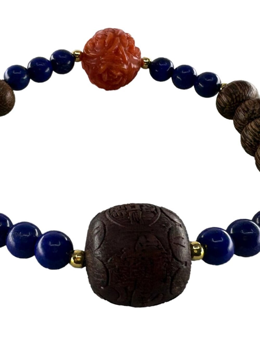 ChenXiang/Agarwood, HandCarved Red Agate Rose, Lapis Lazuli Bracelet 13.12g 6.5"